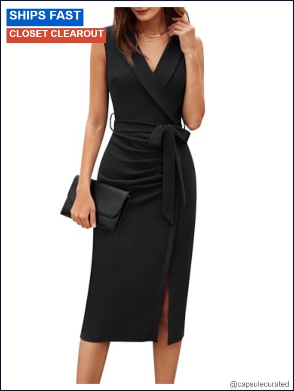 Womens Sleeveless V Neck Ruched Bodycon Midi Work Dress